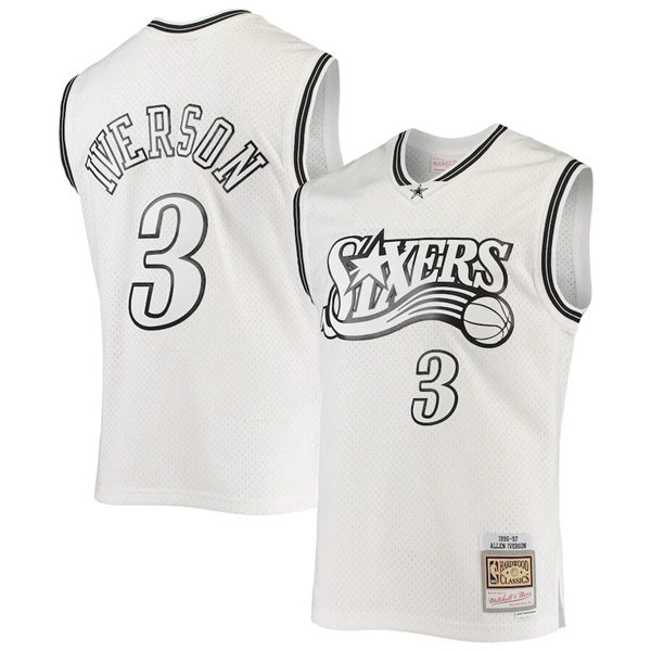 Men's Philadelphia 76ers #3 Allen Iverson Mitchell & Ness 1997-98 White Out Hardwood Classics Jersey