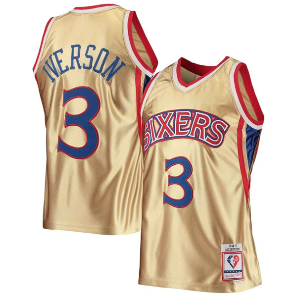 Mens Philadelphia 76ers #3 Allen Iverson Mitchell & Ness Gold 1996-97 Hardwood Classics Swingman Jersey