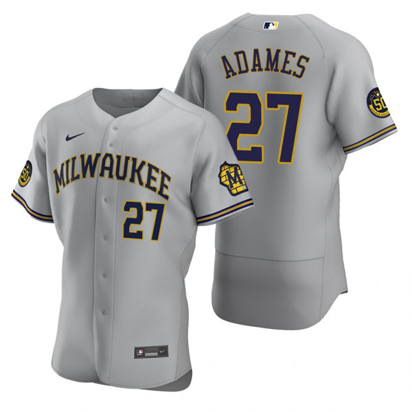Mens Milwaukee Brewers #27 Willy Adames Gray Road FlexBase Player Jersey