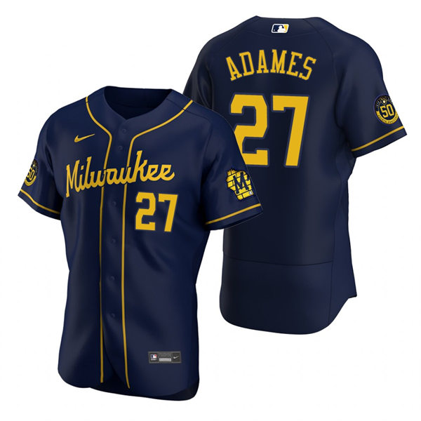 Mens Milwaukee Brewers #27 Willy Adames Navy Alternate FlexBase Player Jersey