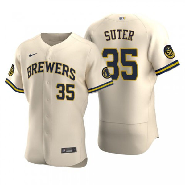 Mens Milwaukee Brewers #35 Brent Suter Cream Home FlexBase Player Jersey