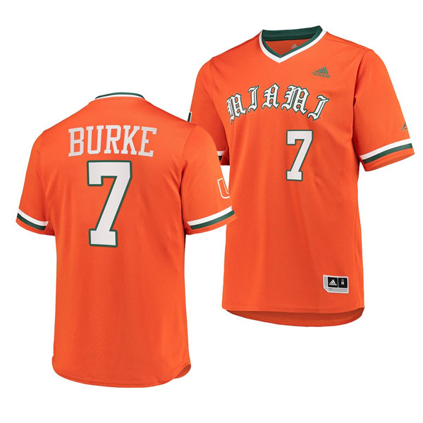 Mens Youth Miami Hurricanes #7 Jacob Burke Adidas 2022 Orange Pullover Baseball Jersey