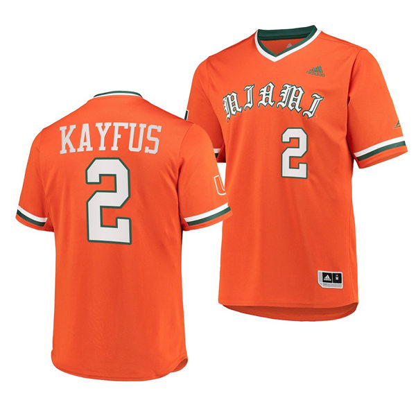 Mens Youth Miami Hurricanes #2 CJ Kayfus Adidas 2022 Orange Pullover Baseball Jersey