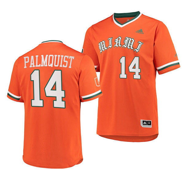 Mens Youth Miami Hurricanes #14 Carson Palmquist Adidas 2022 Orange Pullover Baseball Jersey