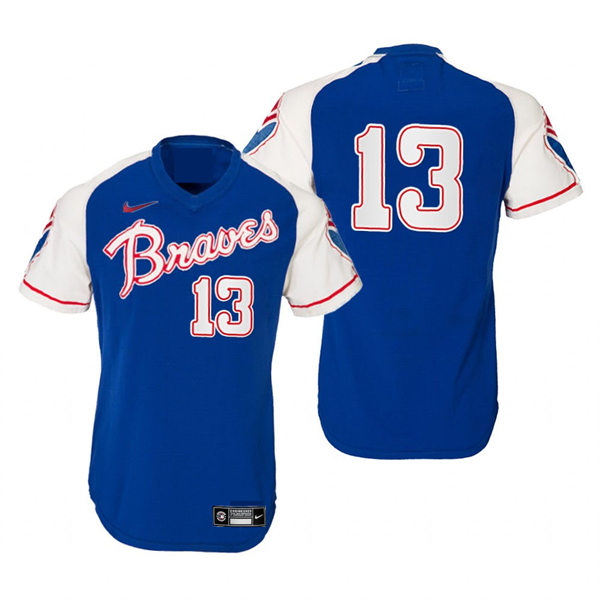 Mens Atlanta Braves #13 Ronald Acuna Jr. Nike Royal Pullover Cooperstown Retro Jersey