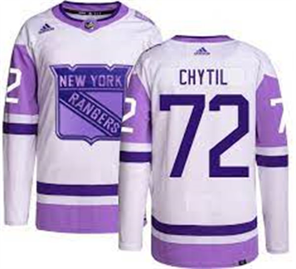 Mens New York Rangers #72 Filip Chytil 2021-22 White Purple Hockey Fights Cancer Primegreen Jersey