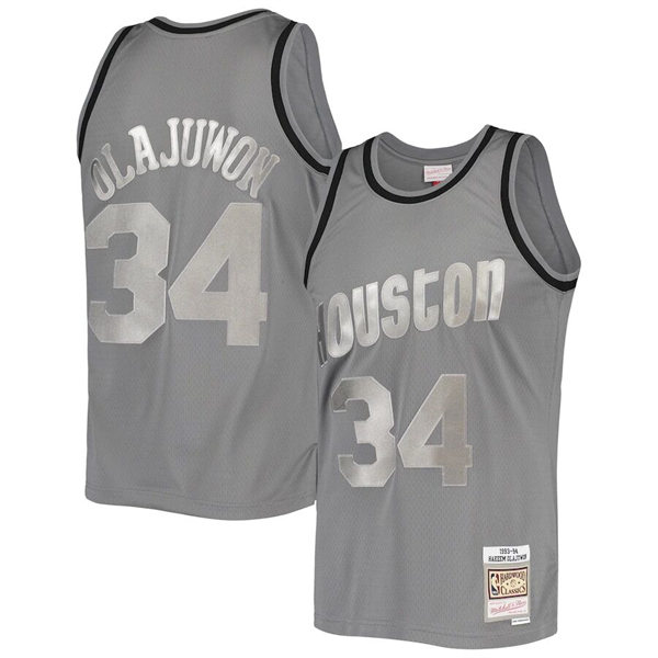 Mens Houston Rockets #34 Hakeem Olajuwon Charcoal Mitchell & Ness Hardwood Classics 1993-94 Metal Works Jersey