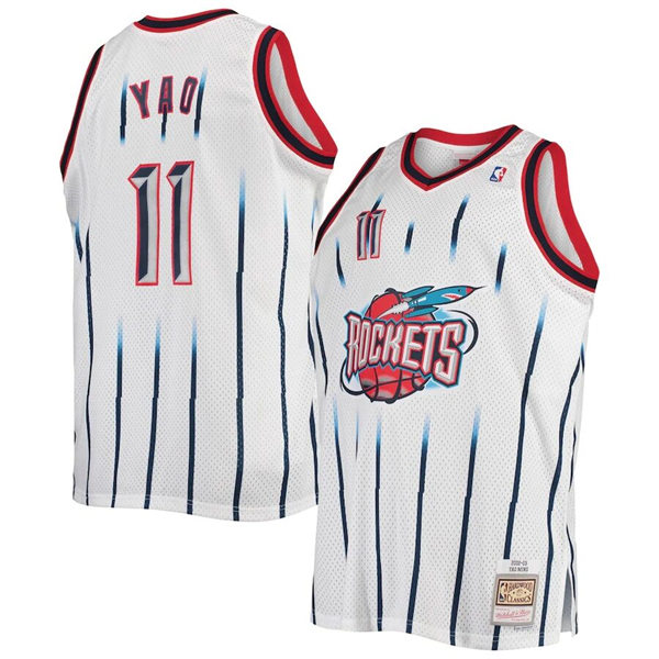 Mens Houston Rockets #11 Yao Ming White Pinstripe Mitchell & Ness 2002-03 Hardwood Classics Jersey