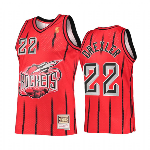 Men Houston Rockets #22 Clyde Drexler Red Pinstripe Mitchell & Ness Hardwood Classics Reload 2.0 Jersey