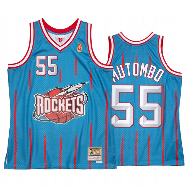 Men Houston Rockets #55 Dikembe Mutombo Light Blue Pinstripe Mitchell & Ness Hardwood Classics Reload 2.0 Jersey