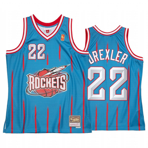 Men Houston Rockets #22 Clyde Drexler Light Blue Pinstripe Mitchell & Ness Hardwood Classics Reload 2.0 Jersey