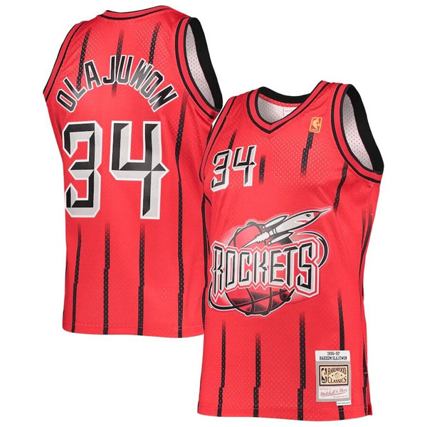 Mens Houston Rockets #34 Hakeem Olajuwon Red Pinstripe Mitchell & Ness 1996-97 Hardwood Classics Reload 2.0 Jersey