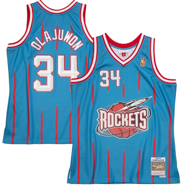 Mens Houston Rockets #34 Hakeem Olajuwon Light Blue Pinstripe Mitchell & Ness 1996-97 Hardwood Classics Reload 2.0 Jersey