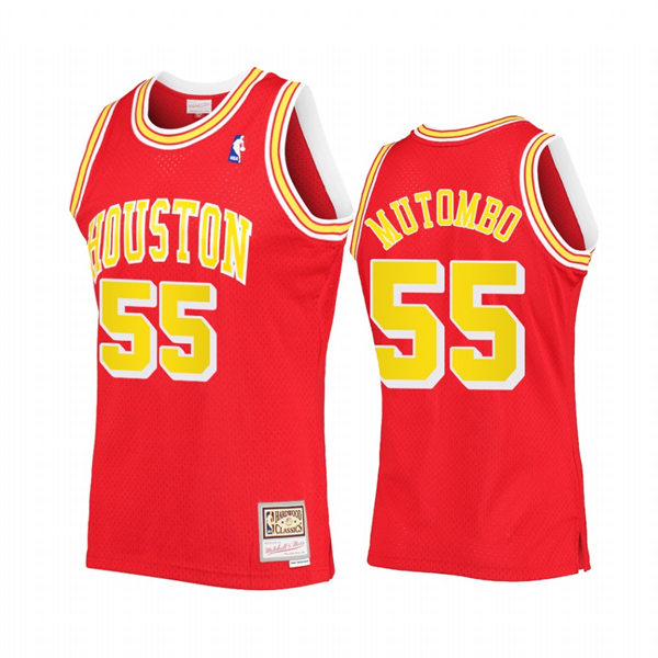 Mens Houston Rockets #55 Dikembe Mutombo Red Gold 2002-03 Mitchell & Ness Hardwood Classics Jersey