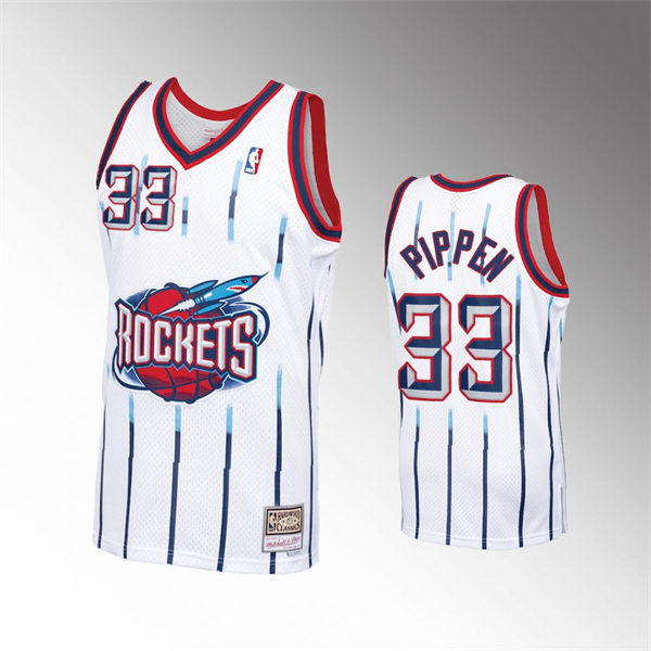 Men Houston Rockets #33 Scottie Pippen White Pinstripe Mitchell & Ness Hardwood Classics Jersey