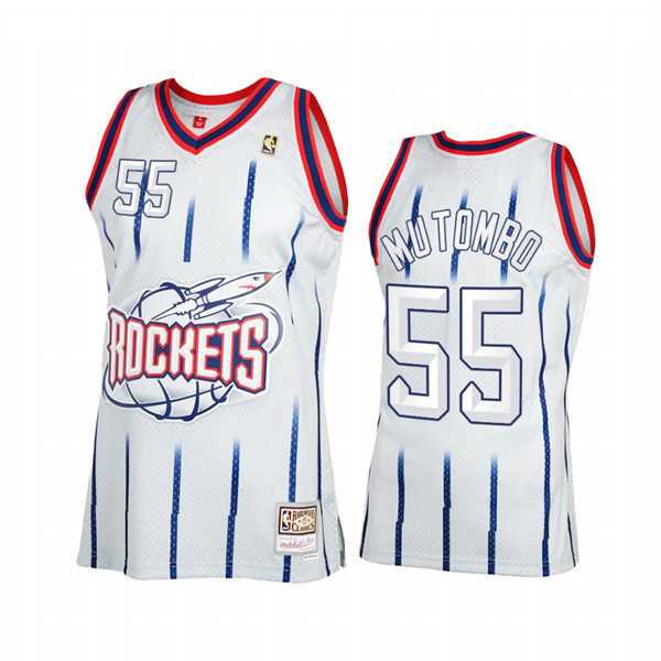 Men Houston Rockets #55 Dikembe Mutombo White Pinstripe Mitchell & Ness Hardwood Classics Jersey