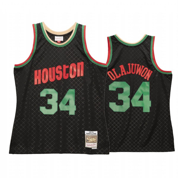 Mens Houston Rockets #34 Hakeem Olajuwon Black Hardwood Classics Neapolitan Collection Jersey