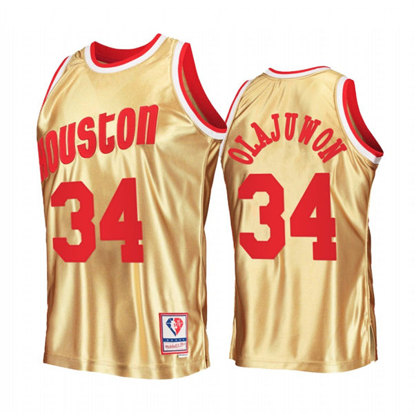 Mens Houston Rockets #34 Hakeem Olajuwon Gold Mitchell & Ness Hardwood Classics Swingman Jersey