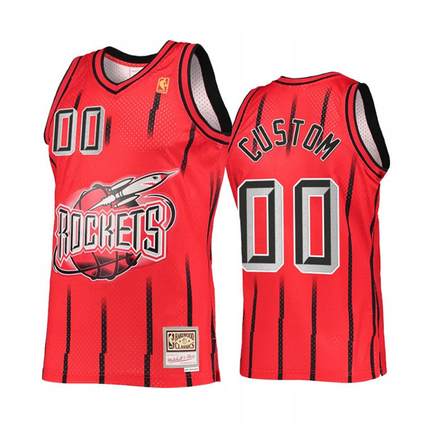 Mens Youth Houston Rockets Custom Red Pinstripe Mitchell & Ness Hardwood Classics Reload 2.0 Jersey