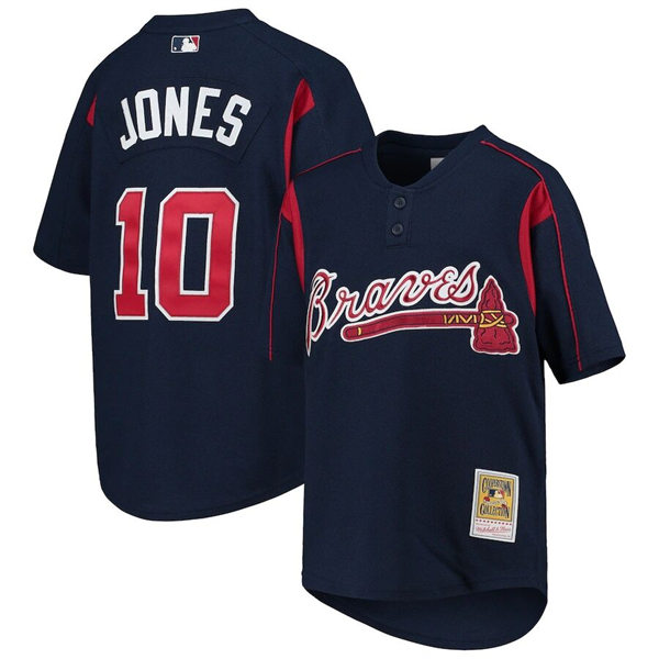 Mens Atlanta Braves #10 Chipper Jones Navy Mitchell & Ness Cooperstown Collection Batting Practice Jersey