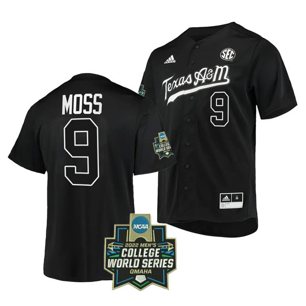 Mens Youth Texas A&M Aggies #9 Jack Moss 2022 Black under the lights College World Series Baseball Game Jersey