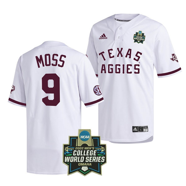 Mens Youth Texas A&M Aggies #9 Jack Moss 2022 White Pullover College World Series Baseball Game Jersey