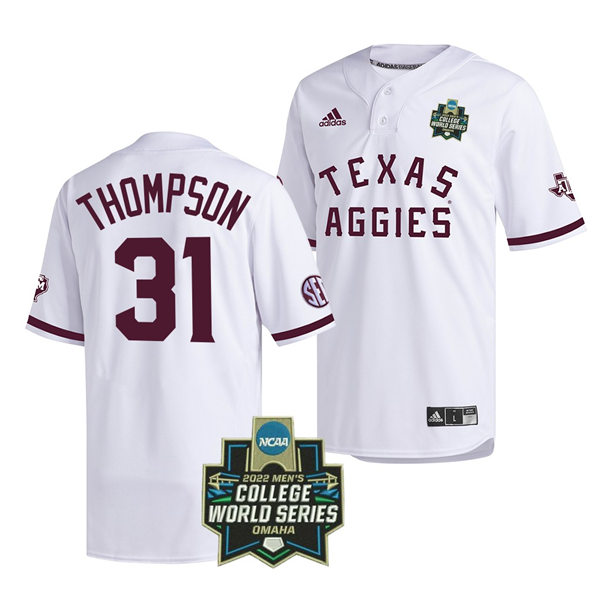 Mens Youth Texas A&M Aggies #31 Jordan Thompson 2022 White Pullover College World Series Baseball Game Jersey