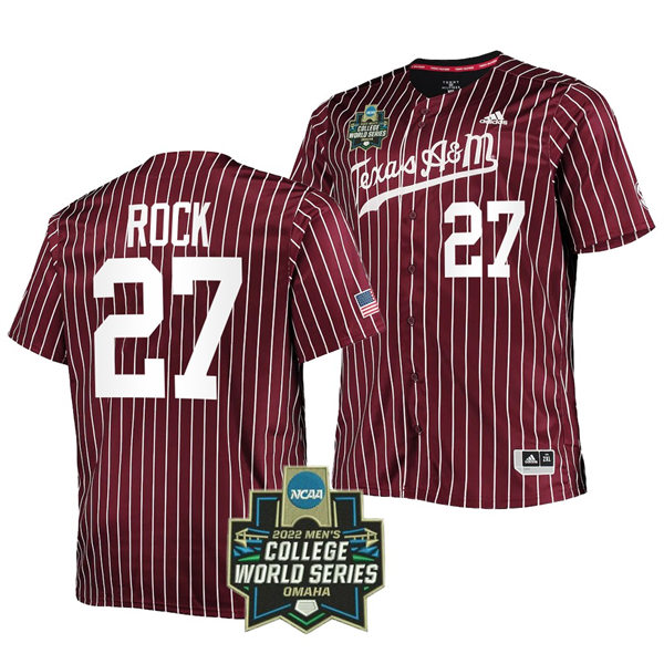 Mens Youth Texas A&M Aggies #27 Dylan Rock 2022 Maroon Pinstripe College World Series Baseball Game Jersey