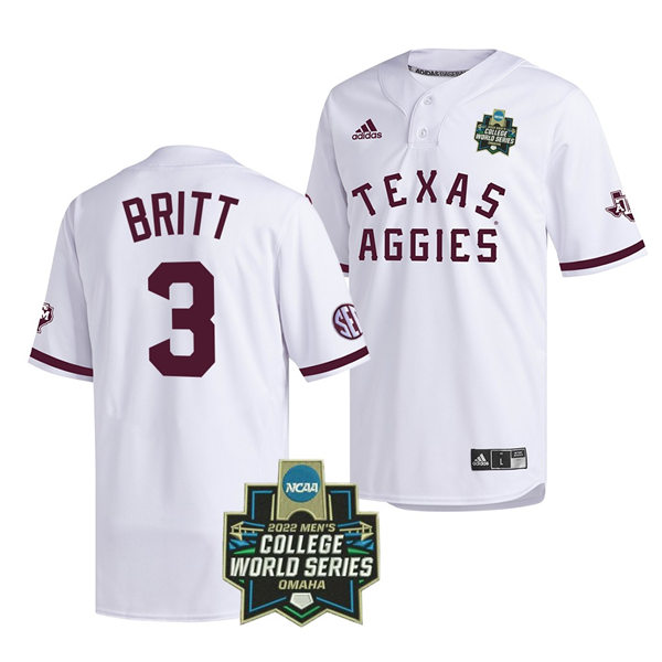 Mens Youth Texas A&M Aggies #3 Logan Britt 2022 White Pullover College World Series Baseball Game Jersey