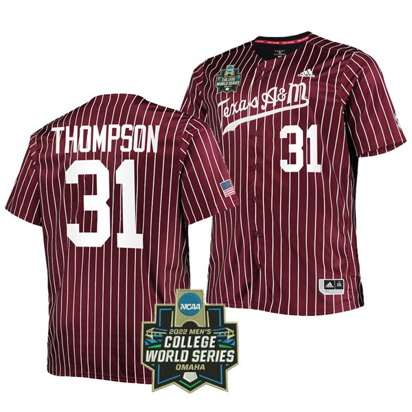 Mens Youth Texas A&M Aggies #31 Jordan Thompson 2022 Maroon Pinstripe College World Series Baseball Game Jersey