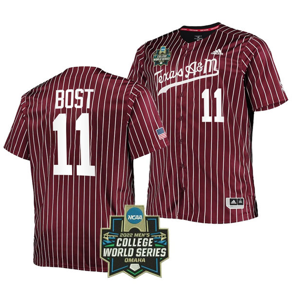 Mens Youth Texas A&M Aggies #11 Austin Bost 2022 Maroon Pinstripe College World Series Baseball Game Jersey