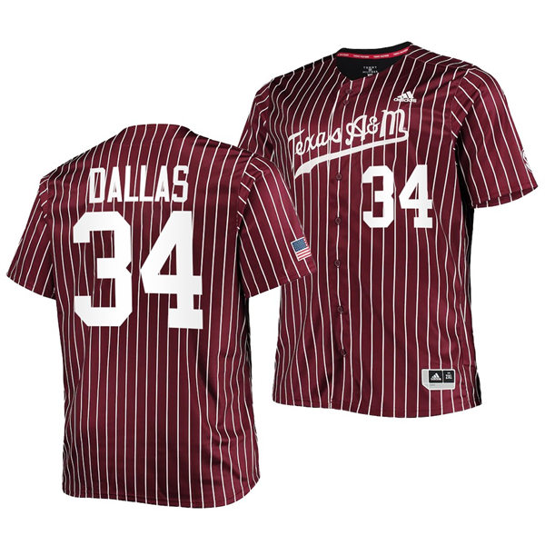 Mens Youth Texas A&M Aggies #34 Micah Dallas 2022 Maroon Pinstripe College Baseball Game Jersey