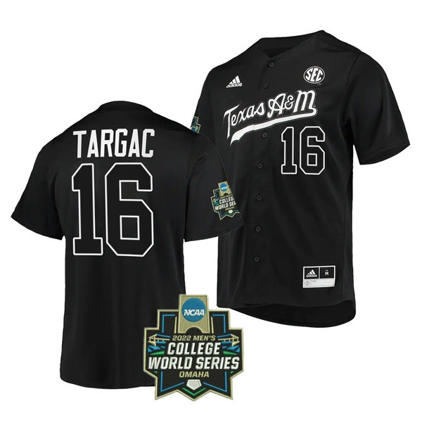 Mens Youth Texas A&M Aggies #16 Ryan Targac 2022 Black under the lights College World Series Baseball Game Jersey