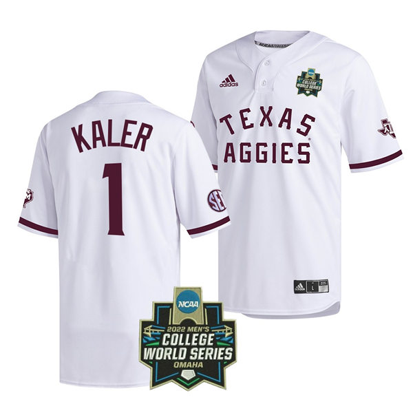 Mens Youth Texas A&M Aggies #1 Kole Kaler 2022 White Pullover College World Series Baseball Game Jersey