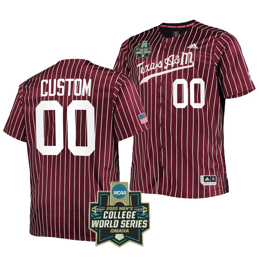 Mens Youth Texas A&M Aggies Custom Adidas 2022 Maroon Pinstripe College World Series Baseball Game Jersey