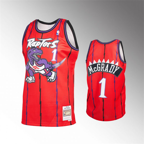 Mens Toronto Raptors #1 Tracy Mcgrady Red Black Pinstripe Mitchell & Ness Reload Hardwood Classics Jersey