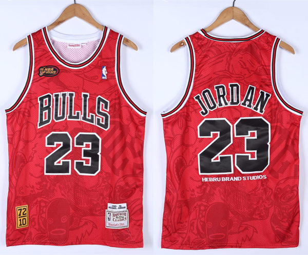 Mens Chicago Bulls #23 Michael Jordan 1995-96 Final Red Mitchell & Ness X Hebru Brantley Jersey