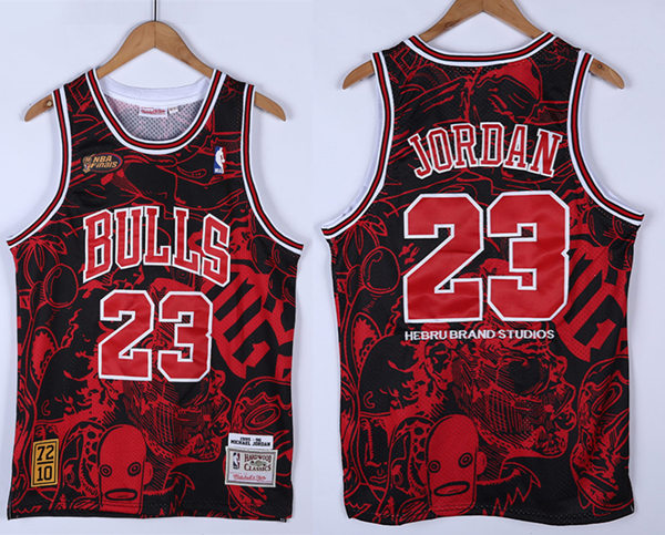Mens Chicago Bulls #23 Michael Jordan 1995-96 Final Blood Red Mitchell & Ness X Hebru Brantley Jersey