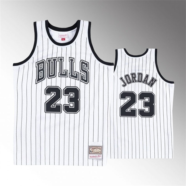 Mens Chicago Bulls #23 Michael Jordan 2021 White Black Pinstripe Reload 2.0 Hardwood Classics Jersey