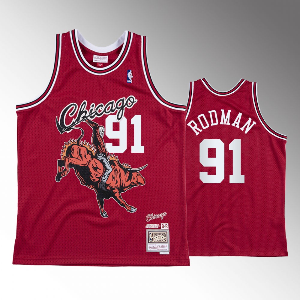 Mens Chicago Bulls #91 Dennis Rodman Red Hardwood Classics BR Juice Wrld Jersey