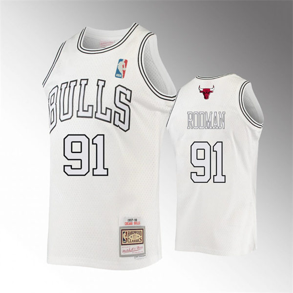 Mens Chicago Bulls #91 Dennis Rodman Mitchell & Ness 1997-98 White Out Hardwood Classics Jersey