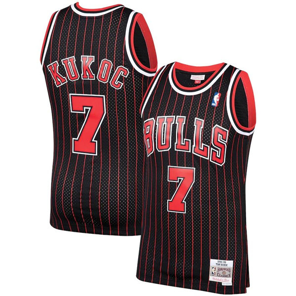 Mens Chicago Bulls #7 Toni Kukoc Mitchell & Ness Black Red Pinstripe 1995-96 Hardwood Classics Jersey