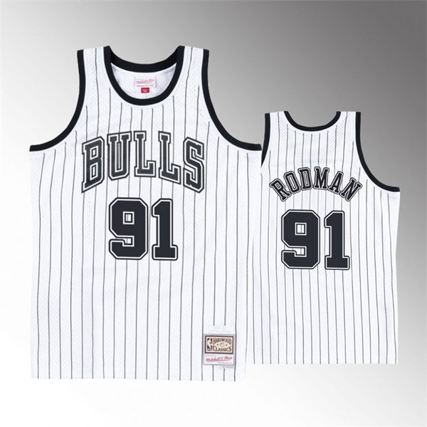 Mens Chicago Bulls #91 Dennis Rodman 2021 White Black Pinstripe Reload 2.0 Hardwood Classics Jersey