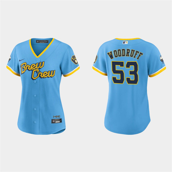 Women Milwaukee Brewers #53 Brandon Woodruff Powder Blue 2022 City Connect Jersey