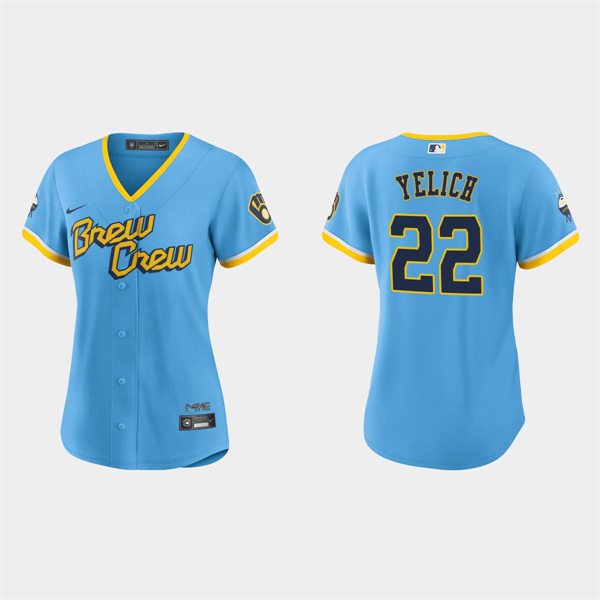 Women Milwaukee Brewers #22 Christian Yelich Powder Blue 2022 City Connect Jersey