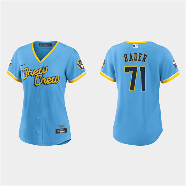 Women Milwaukee Brewers #71 Josh Hader Powder Blue 2022 City Connect Jersey