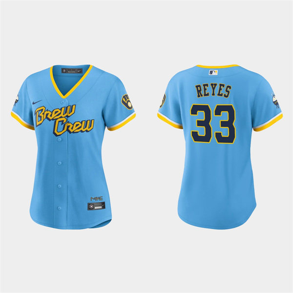 Women Milwaukee Brewers #33 Pablo Reyes Powder Blue 2022 City Connect Jersey