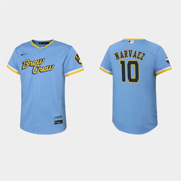 Youth Milwaukee Brewers #10 Omar Narvaez Powder Blue 2022 Stitched City Connect Jersey
