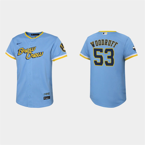 Youth Milwaukee Brewers #53 Brandon Woodruff Powder Blue 2022 Stitched City Connect Jersey