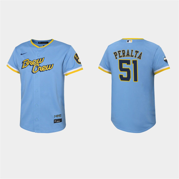 Youth Milwaukee Brewers #51 Freddy Peralta Powder Blue 2022 Stitched City Connect Jersey